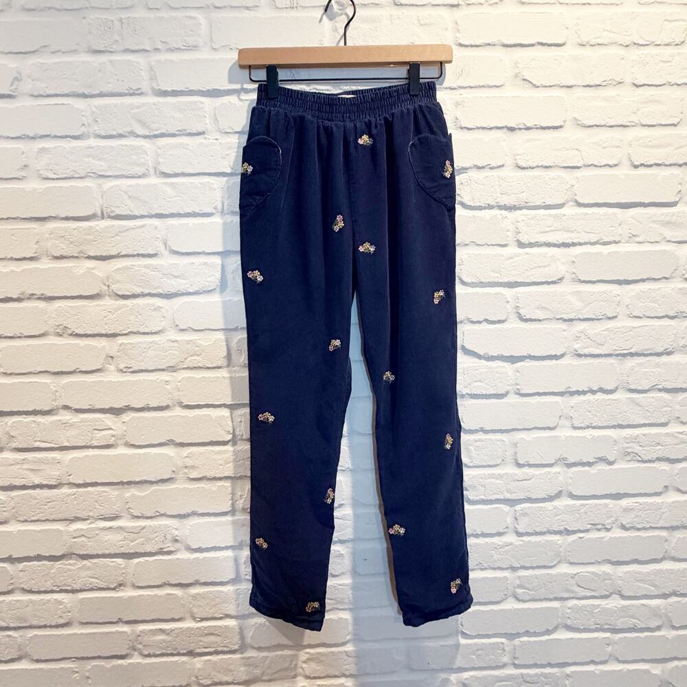 Mini Boden Navy Corduroy Pull-on pants floral embroidery heart pockets 11-12